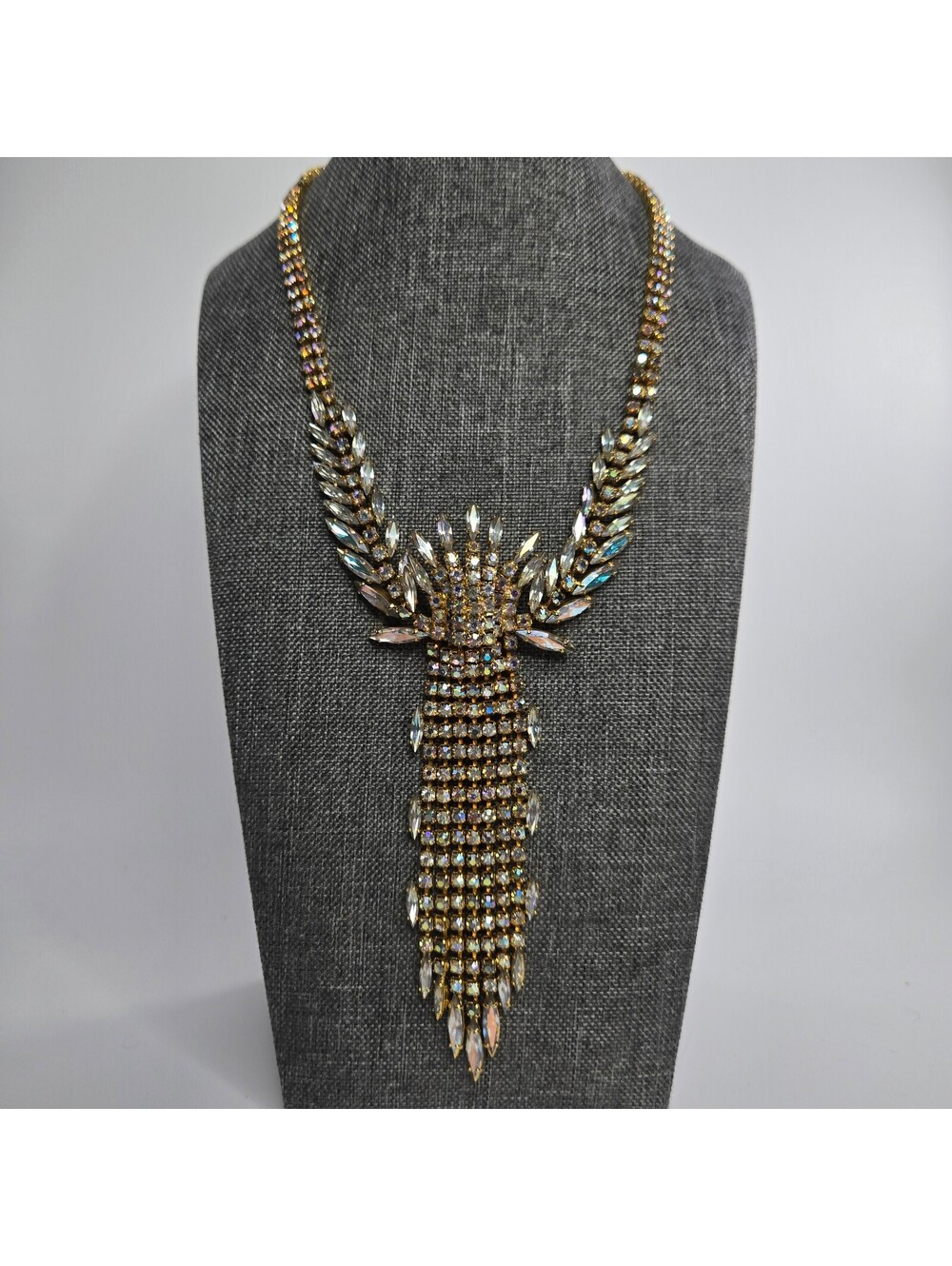Vintage AB Rhinestone Statement Necklace Gold Tone Fringe Bib Runway Glamour